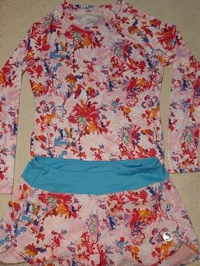Reel Legends Pink Floral Rash Guard Set with Red and Purple Accents Size L